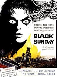 Black Sunday film, a black and white shot of a woman staring intently out, underneath there's a woman being burned at the stake.