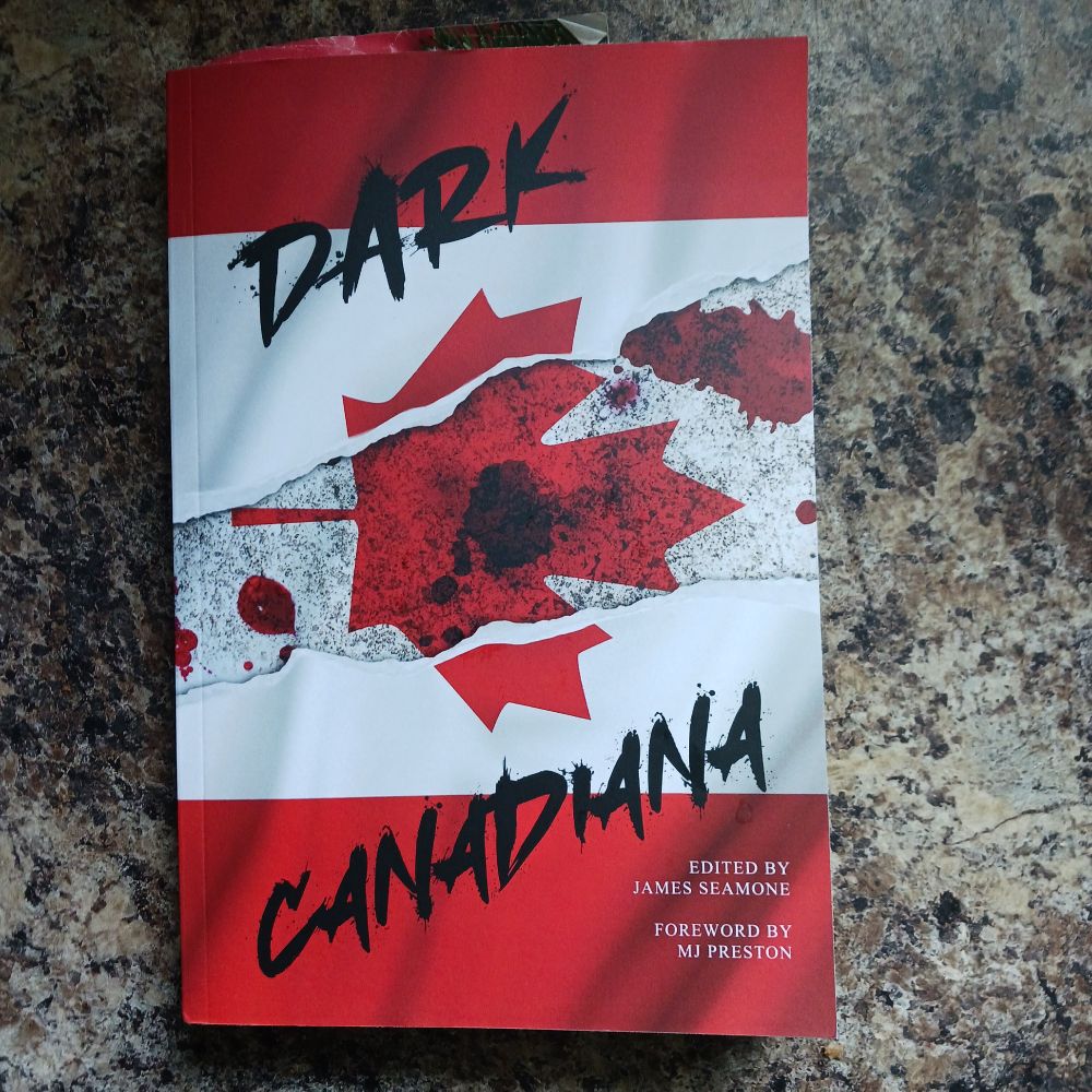 Dark Canadiana antho, a bloody and ripped Cnd flag w the title.