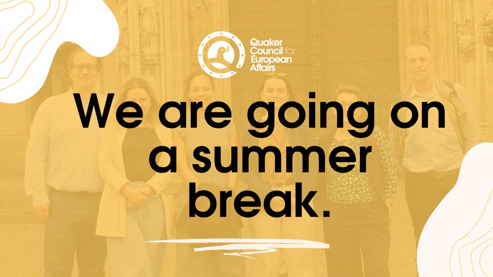 A photo portraying the QCEA Team with a yellow overlay. The text states: we are going on a summer break!