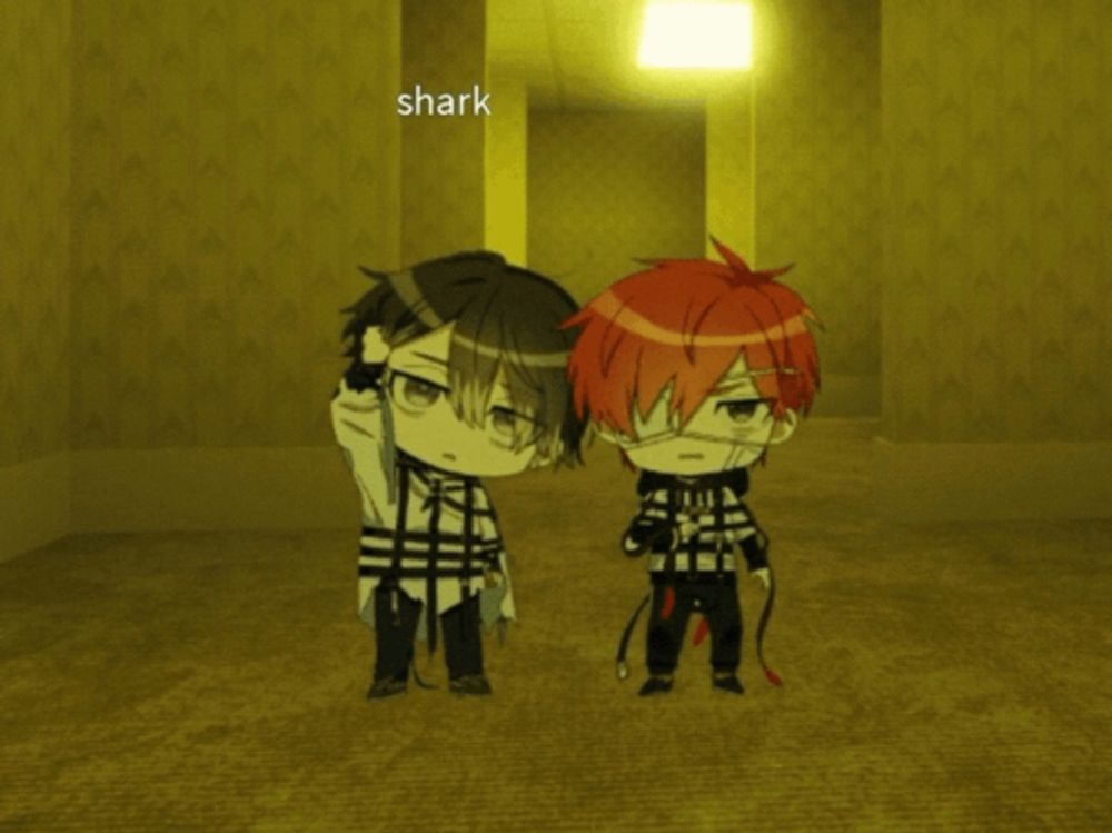 two anime characters standing next to each other with shark written on the bottom right