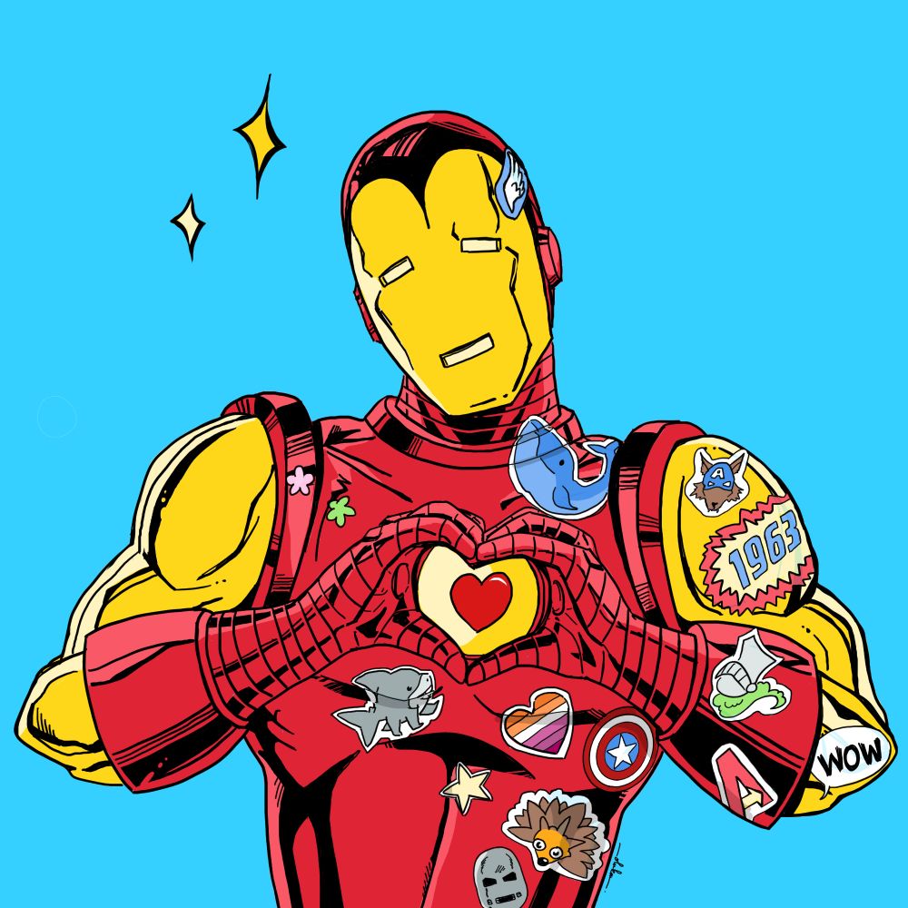 A bust shot of Iron Man in the vintage armor (model 4) against a bright blue background. The chest and gauntlets are red and the faceplate and arms are yellow. He is making a heart with his hands in front of the arc reactor. There are two sparkles floating in the air. His whole right side (chest and arm) is covered with cute stickers, including but not limited to the vintage avengers "a", the captain america shield, jeff the landshark, a lesbian pride flag, a whale, a hedgehog, the year 1963, capwolf's head, and a speech bubble with "wow". On his temple, he has a wing sticker. There is a red heart sticker in the middle of his arc reactor.