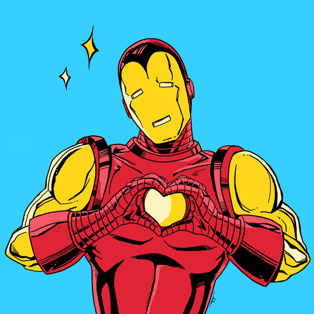 A bust shot of Iron Man in a vintage armor (model 4) against a bright blue background. The chest and gauntlets are red and the faceplate and arms are yellow. He is making a heart with his hands in front of the arc reactor. There are two sparkles floating in the air.