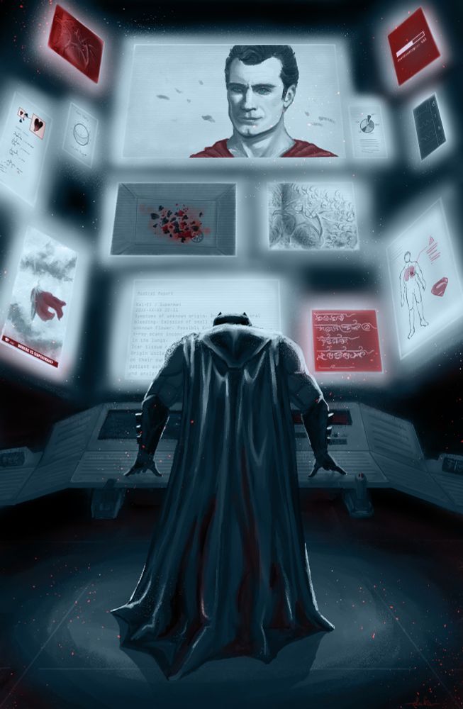 Batman stands weary in front of his many screens in the batcave. Each screen is about Superman in some way. He's sick, but Batman doesn't know what the illness is. He's coughing up bloody petals, scars shaped in the form of a bat have appeared on his chest, there is something wrong with his lungs. Superman hasn't been sighted in days. What will Batman do?
The painting is moody, with dark dramatic shadows and stark light blue lighting. Some details are highlighted in an ominous red.