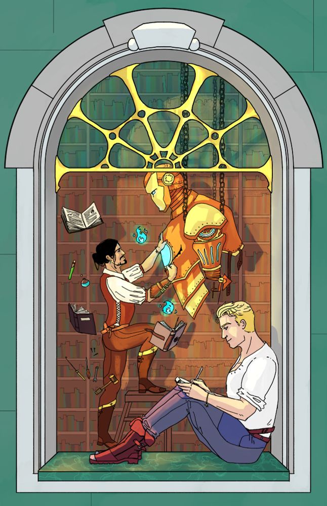 We are looking into a room from the open window. The window has a golden decorative metalwork in art nouveau style. Steve Rogers is sitting on the windowsill and peacefully drawing. In the background, Tony Stark is standing on a ladder and tinkering with the chest of a big steampunk iron man armour. Around Tony, books, vials, and tools are levitating along with two blue flames. Behind Tony is a wall of books. Tony and Steve are both wearing clothing that is reminiscent of renaissance clothing: lose flowy white shirts and leather boots. Steve has blue pants and Tony has brown pants. Tony also has a red waistcoat. Tony has blue eyes and black hair in a loose bun.