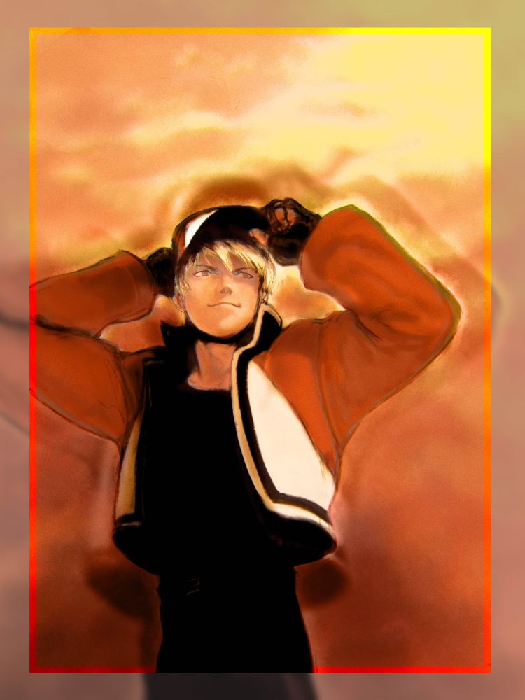 drawing of Rock Howard looking into the distance putting on Terry's hat. The background is an orange sky with sunset clouds.