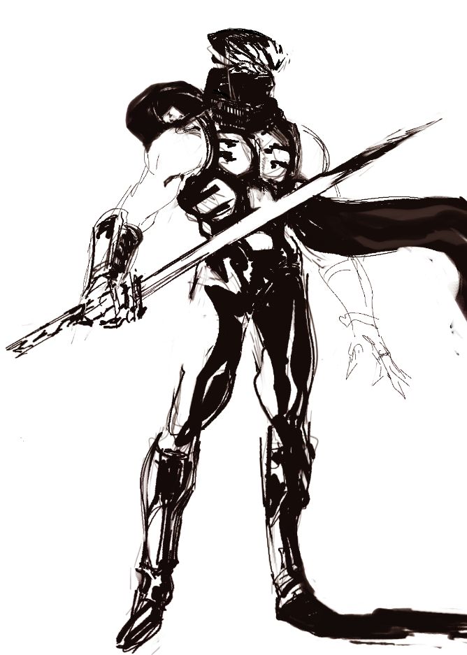 Digital drawing of Ryu Hayabusa standing. His body is facing forward while his head is turned to the right. He is holding a sword out slightly in front of his body, and his scarf blows in the wind.