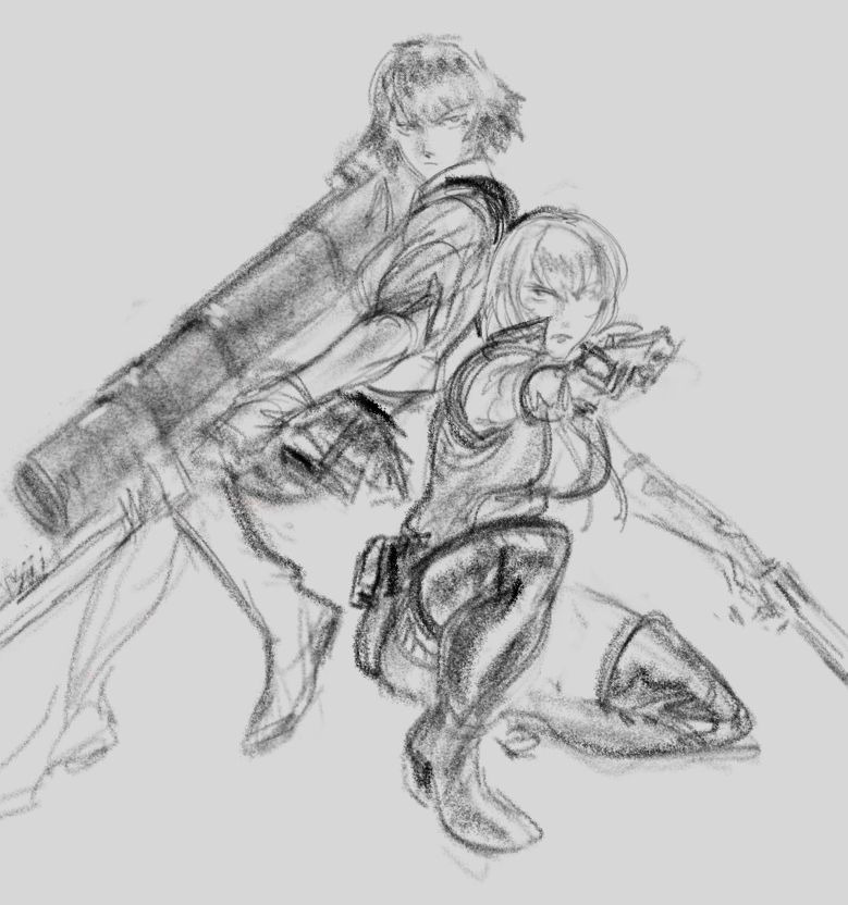 Drawing of Lady from Devil May Cry and Irene from Ninja Gaiden posed next to each other, each holding their weapons respectively.