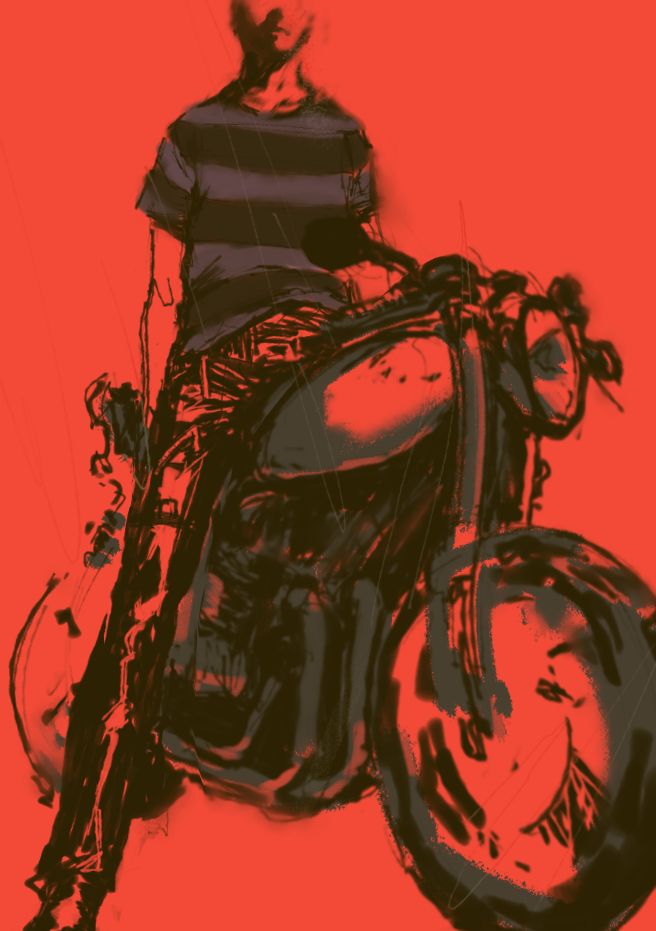A messy drawing of a man sitting on a motorcycle, the man's face is obscured by shadow.