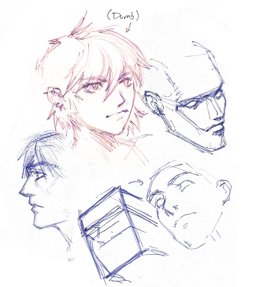 4 sketches of human heads at different angles — some are more finished than others