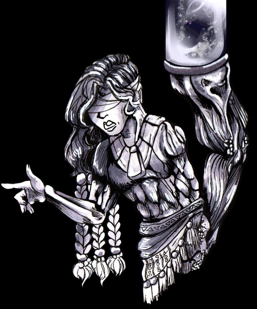 Oracle - A man with a rather slim build is blindfolded, with long, braised hair. He holds up his right arm and points forward. His left arm is entirely missing and covered in growths. His torso leads to what looks like an arm or a fleshy growth that attaches to a tube.