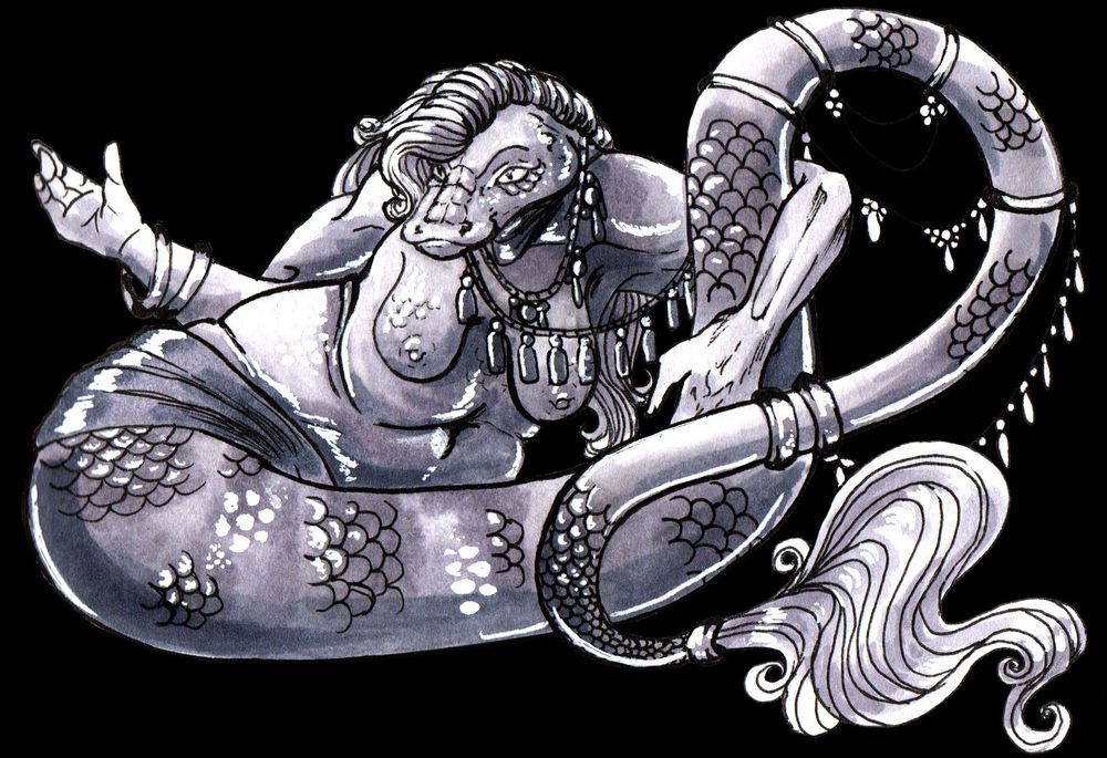 Lamia - A woman with the head and tail of a snake leans back with her left arm wrapped around her tail, and her right arm holding its palm upwards. She's nude and has glittery jewelry across her body.