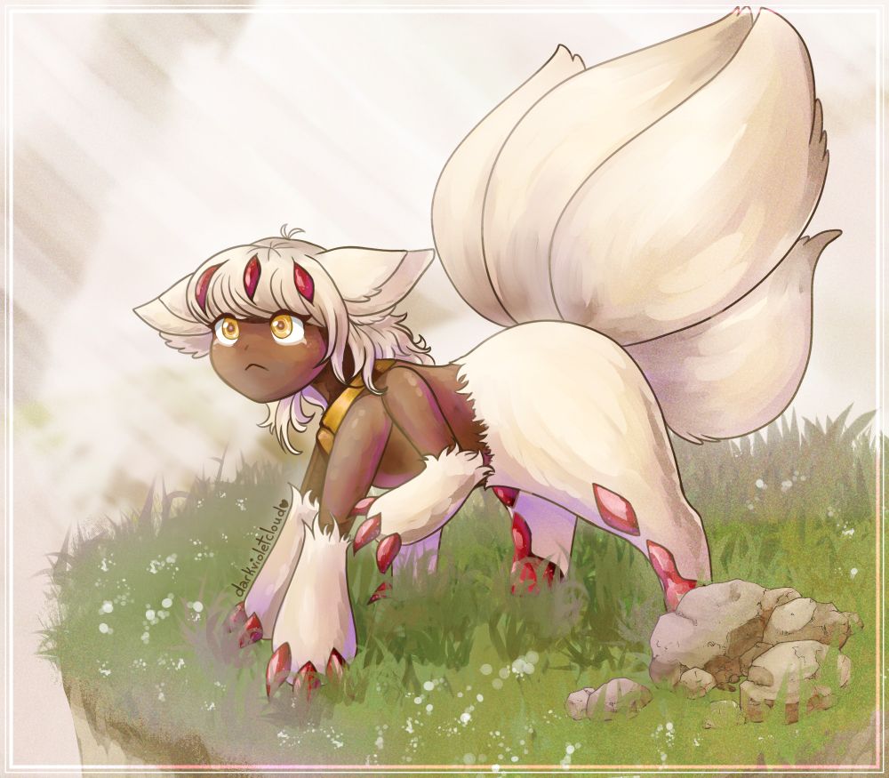 Faputa, from Made in Abyss, standing on five of her six limbs. She's looking up and to the left. Faputa is a humanoid furry creature with dark skin and white fur, with big ears pointed backwards and red claws and hooves. She has three red horns on her head.