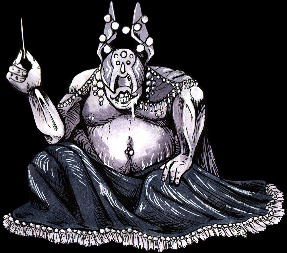 The Overseer - A rotund man sits, presumably cross-legged, with a dark blanket over his lap. His eyes and nose are covered with a horned helmet with fancy baubles. A cape drapes over his left arm. He holds his right hand up as he holds a toothpick. He's smiling.