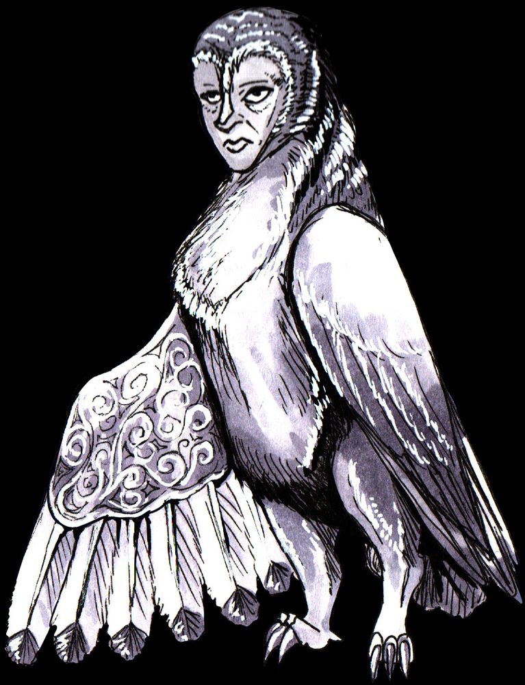 Titian - An owl with a male human face. He holds his right wing out to show the feathers are decorated with fanciful swirls.