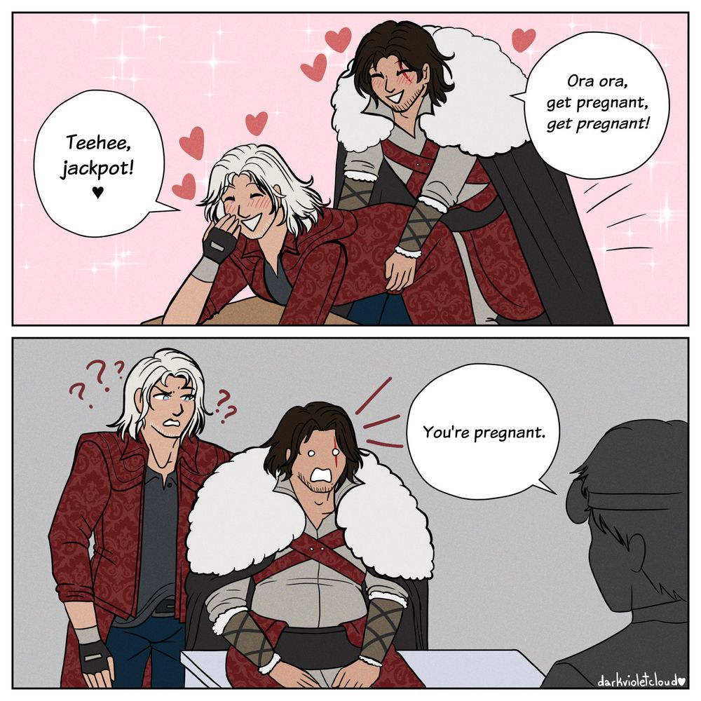 Top panel: Trevor Belmont from Netflix's adaptation of Castlevania, in his ICONIC fluffy coat, is giving backshots to a clothed DMC5-era Dante from Devil May Cry. Trevor is saying "Ora ora, get pregnant, get pregnant!" as Dante says "Teehee, jackpot!"

Bottom panel: Dante stands to Trevor's side, visibly confused, while Trevor sits on an examination table with a swollen belly. A silhouetted doctor says "You're pregnant." Trevor is shocked.