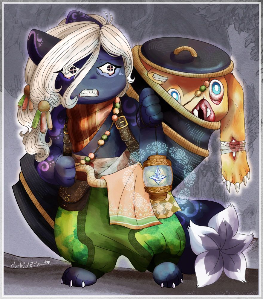 A dark-furred bipedal creature with white hair and donning a scarf and green pants holds up a bronze lantern. The lantern has a diamond-shape inside. On the creature's back is a large cylindrical basket with another creature peeking out, with bulging eyes, a gaping mouth, and a limp left arm with a bandage.