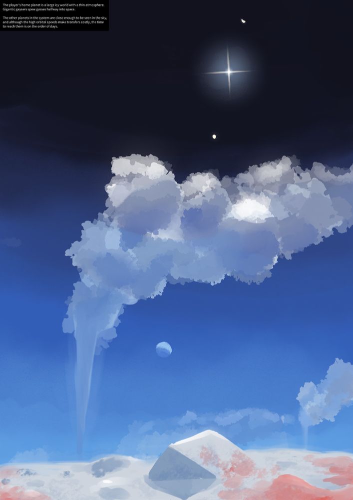 The surface of an icy world with huge geysers releasing clouds into the upper atmosphere. A handful of other planets are visible in the sky.

Text in the top corner reads: "The player's home planet is a large icy world with a thin atmosphere. Gigantic geysers spew gasses halfway into space. The other planets in the system are close enough to be seen in the sky, and although the high orbital speeds make transfers costly, the time to reach them is on the order of days."