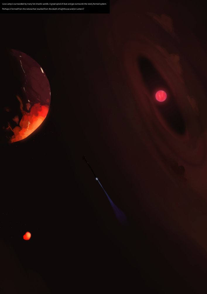 A partially-molten rocky world orbits a dim brown dwarf. A futuristic ship is silhouetted against the star's dust belts.

Text in the top corner reads: "Lava Lamp is surrounded by many hot chaotic worlds. A great spiral of dust and gas surrounds the newly formed system. Perhaps it formed from the nebula that resulted from the death of Lighthouse and/or Lantern?"