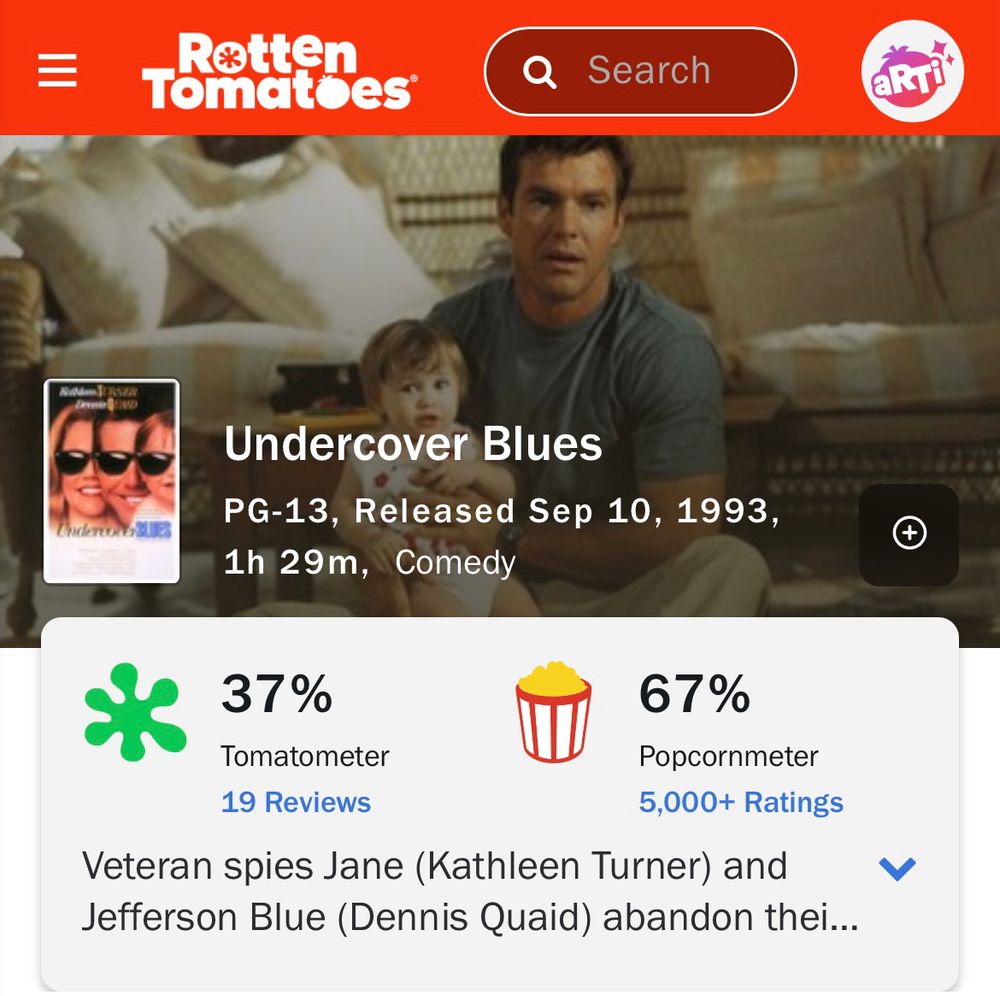 Rotten tomatoes page for Undercover Blues, a spy comedy starring Dennis Quaid and Kathleen Turner, with Stanley Tucci playing an ambiguously Latin criminal named “Muerte.”