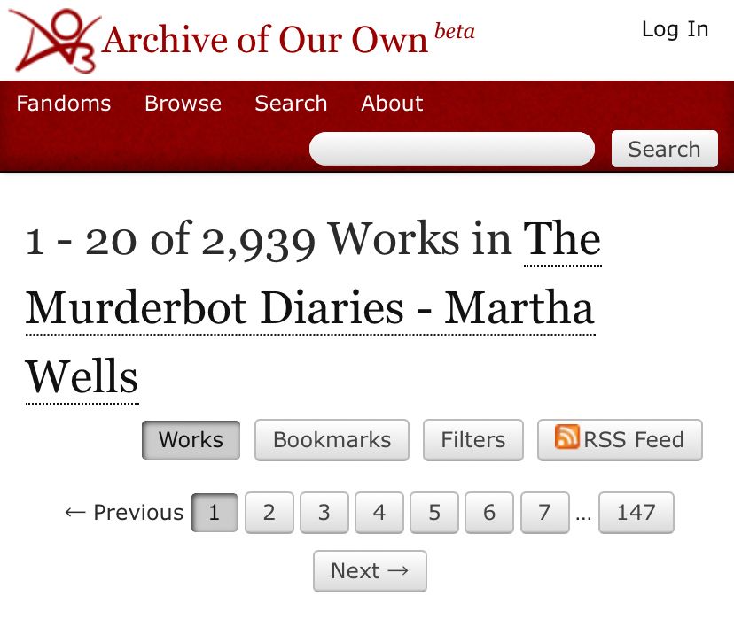 Archive of Our Own page displaying 2,939 works in “The Murderbot Diaries - Martha Wells”