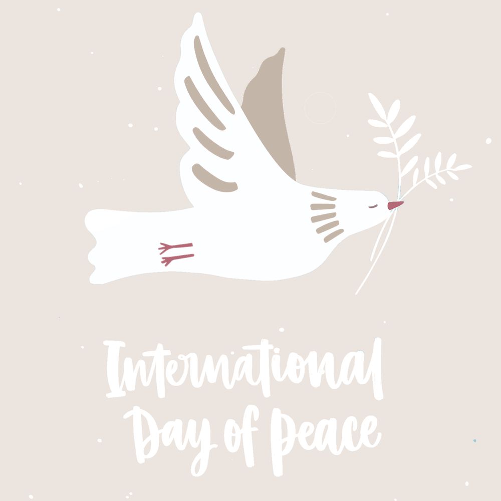 A dove with the text "international day of peace" below it.