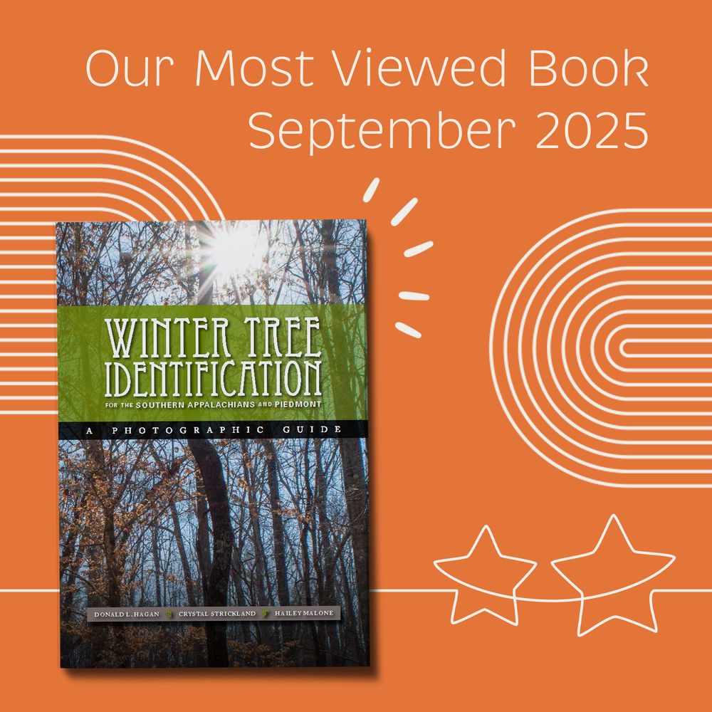 An orange background with white graphics on it. Text says "Our most viewed book, September 2025" with the book "Winter Tree Identification."