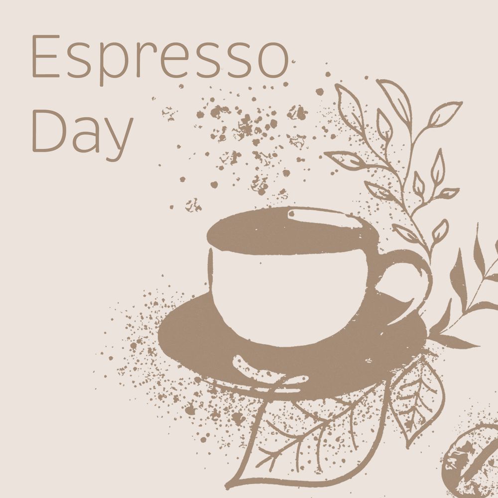 A beige post with the text "Espresso day" with a cup of espresso and leaves.
