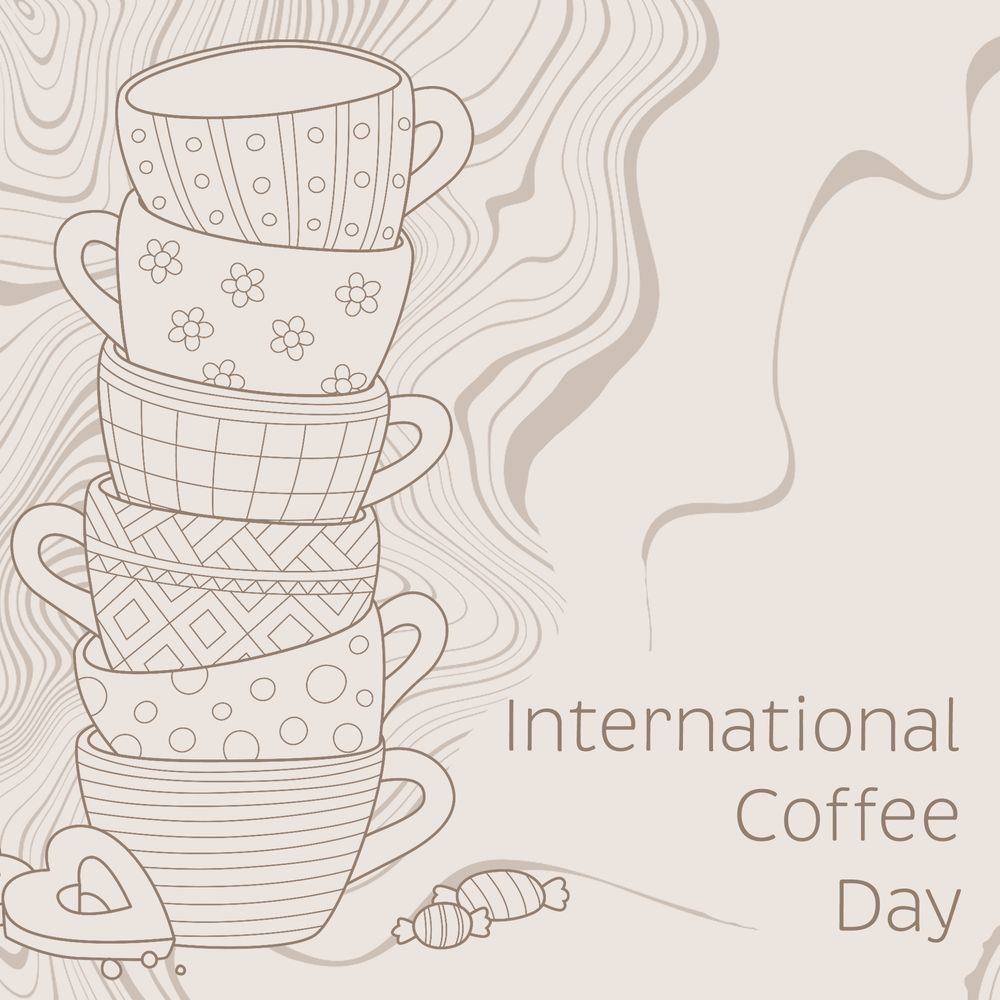 A beige post with brown teacups stacked up with a marbled background. Text says "international coffee day".