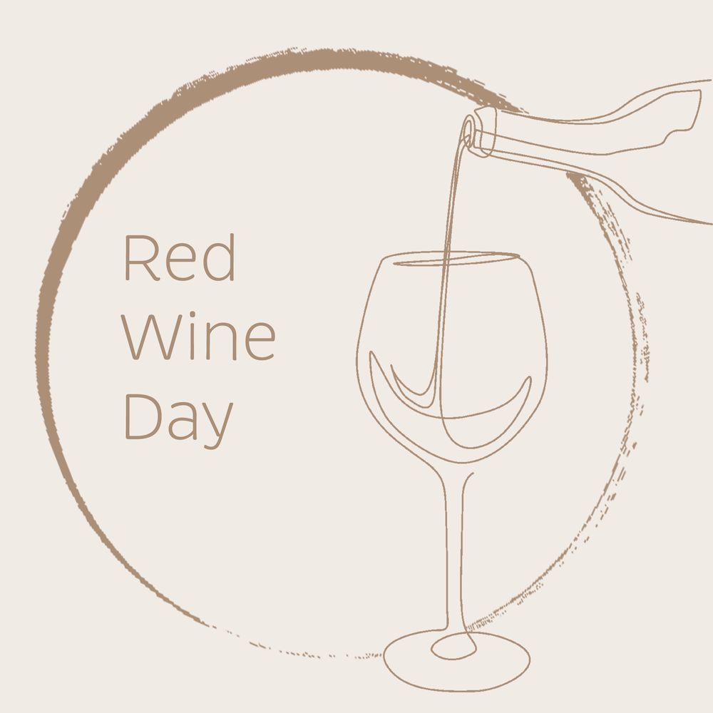 A tan box with a circle and a wine glass. There is text saying "red wine day."