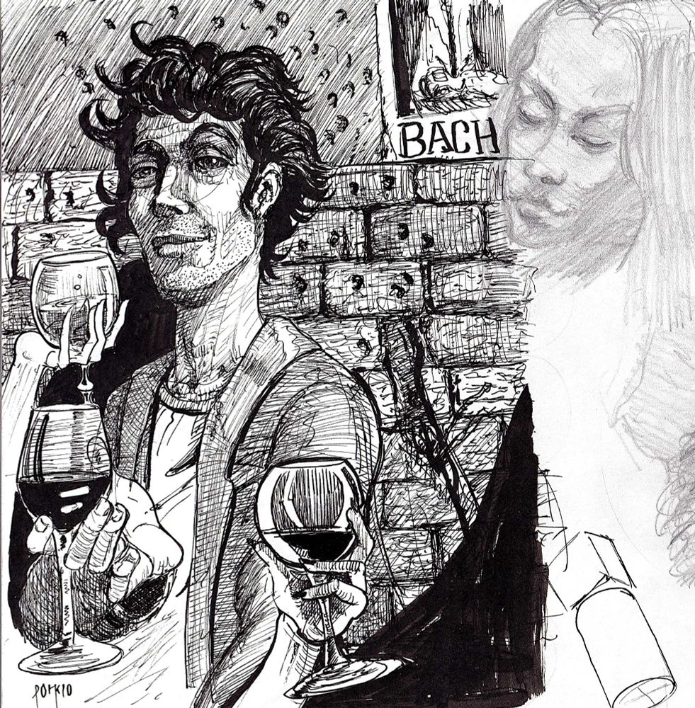 Ink sketch of a dude in his twenties having a glass of wine in a backstreet. He looks slightly drun and there are some floating hands holding glasses of wine. In the corner there is an unrelated pencil sketch of a woman's portrait. Nothing special.