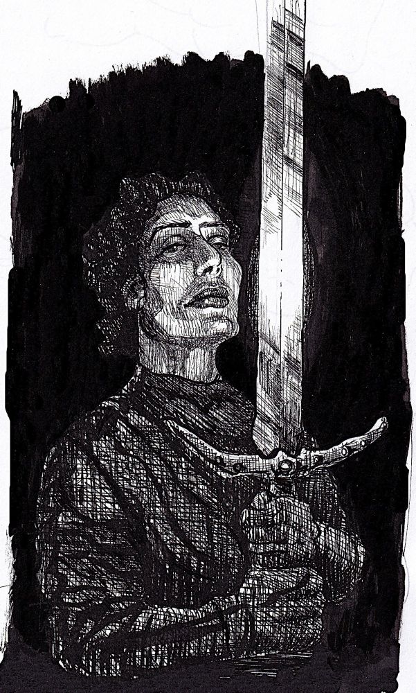 Hand drawn bkack and white ink drawing of a stoic noble warrior holding a great sword upright. The man has gloves and is wearing dark attire  in a dark ambient. A light reflects from the blade creating contrast. The warrior's face is partially lit with bounce light, calm and unreadable.
