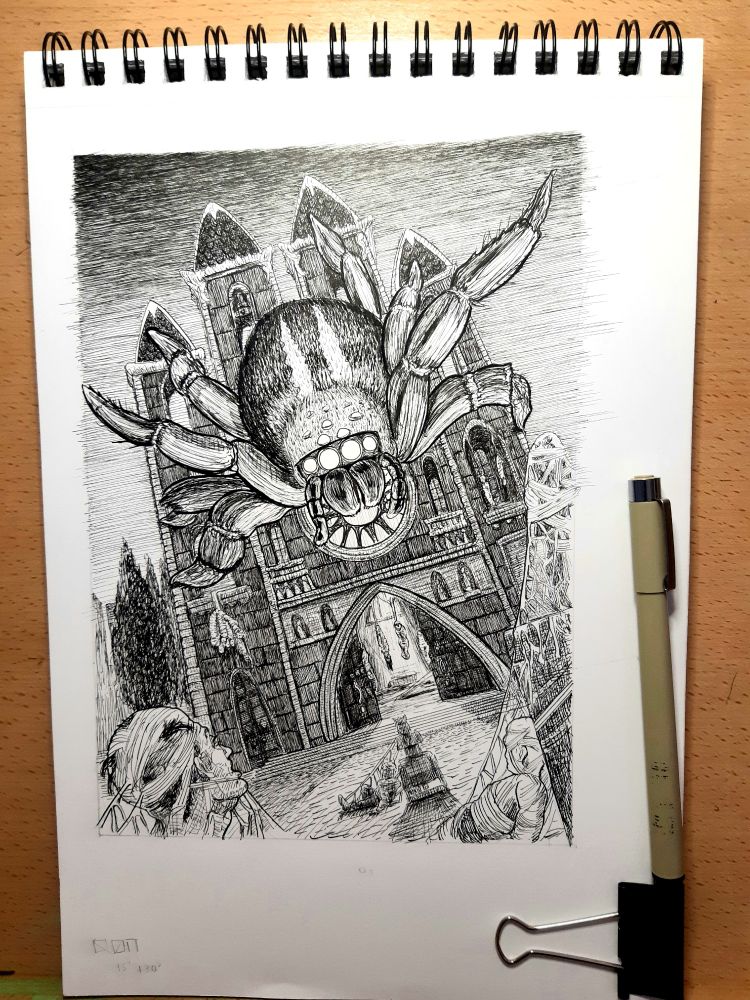 Picture of unfinished drawing of a giant spider taking over a cathedral. The huge creature is climbed on the front facade of the imponent building, staring manacingly to the pov, front legs raised. Some thralls lay helplessly entalgled in webs in the plaza in the foreground.