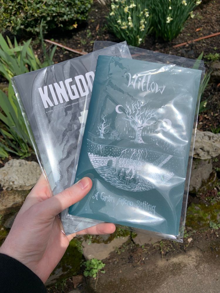 A hand holding copies of Kingdom by Ben Robbins and Willow by Lazy Litch