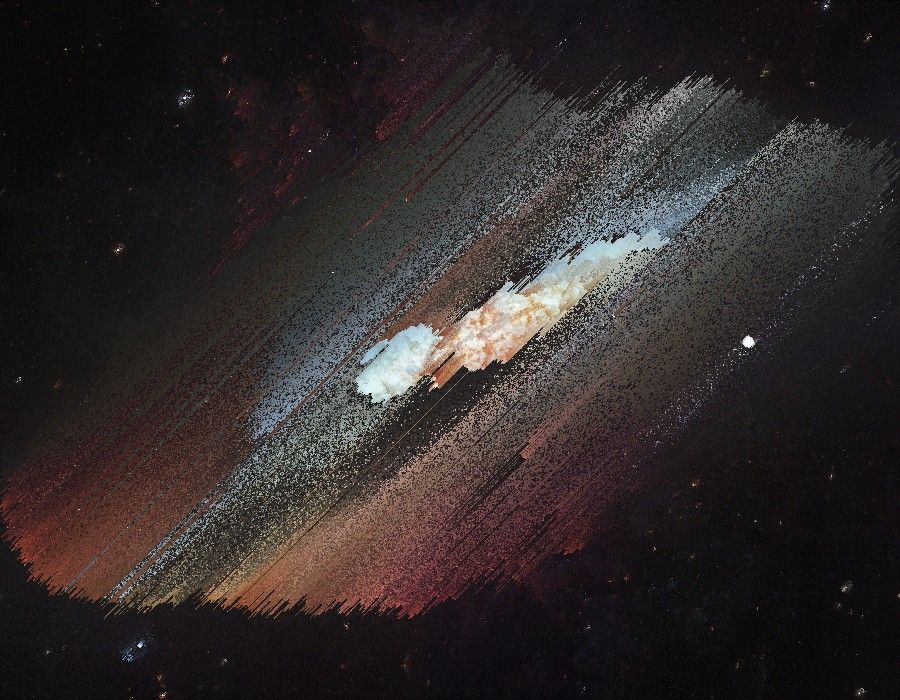 A pixel-sorted astronomical image of the object, M82. This is also known as Cigar Galaxy.   
Original Image: https://www.flickr.com/photos/nasahubble/49757380101/ 
Credits: NASA, ESA, and the Hubble Heritage Team (STScI/AURA); Acknowledgment: J. Gallagher (University of Wisconsin), M. Mountain (STScI), and P. Puxley (National Science Foundation) (CC BY-NC-SA 2.0)

More information about this celestial object: https://hubblesite.org/contents/news-releases/2006/news-2006-14.html
    