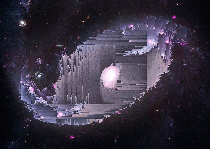 A pixel-sorted astronomical image of the object, NGC 1672.   
Original Image: https://www.flickr.com/photos/nasawebbtelescope/52920729813/in/album-72177720305127361/ 
Credits: X-ray: Chandra: NASA/CXC/SAO, XMM: ESA/XMM-Newton; IR: JWST: NASA/ESA/CSA/STScI, Spitzer: NASA/JPL/CalTech; Optical: Hubble: NASA/ESA/STScI, ESO; Image Processing: L. Frattare, J. Major, and K. Arcand (CC BY 2.0)

More information about this celestial object: https://chandra.si.edu/photo/2023/chandrawebb2/more.html
    