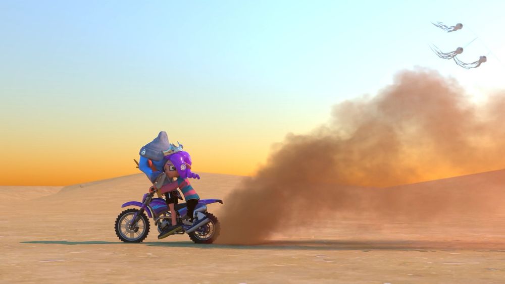 Autumn and Icy on a motorcycle through the desert, going towards the Grand Festival.
