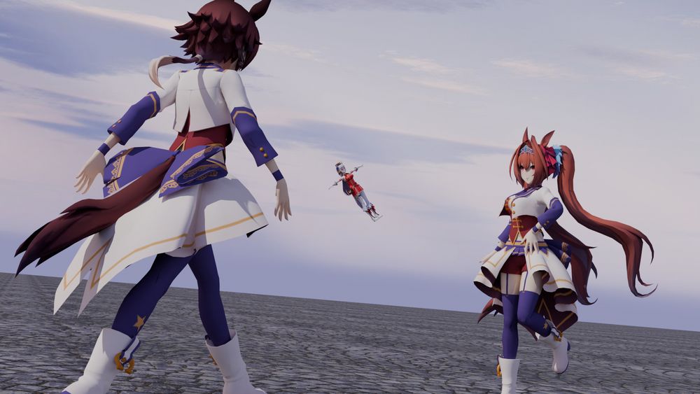 Vodka (left) and Daiwa Scarlet (right) doing the oh you're approaching me thing from jojo while Gold Ship goofs around in the sky or smth