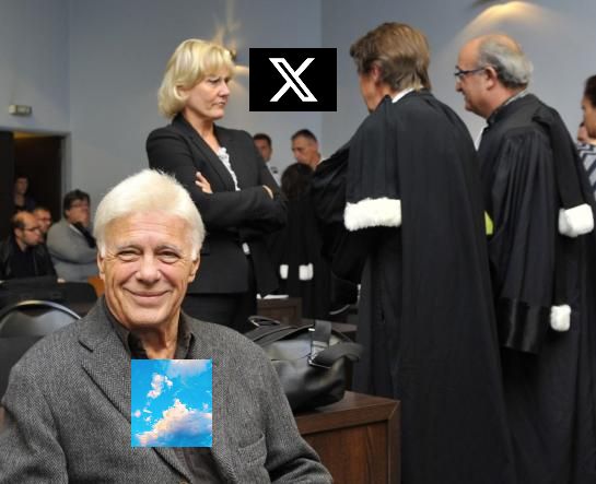 Photo du procès Morano-Bedos, avec Bedos rigolard en premier plan représentant Bluesky et Morano en colère avec ses avocats en second plan représentant XTwitter.