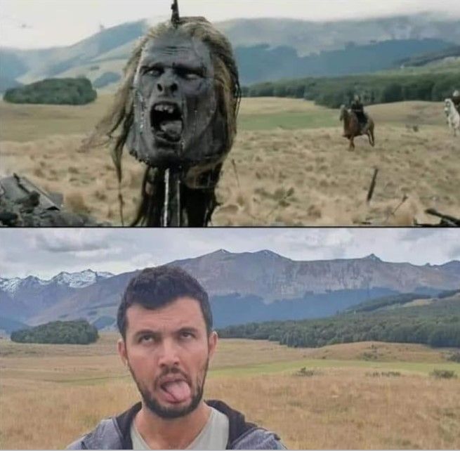 Scène de tête de gobelin empalé dans un paysage de LOTR 
vs
Fan de LOTR tentant d'imiter la scène