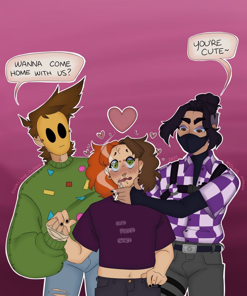 Left to Right:
Nik, wearing a yellow mask with a neutral expression, a green sweater with confetti on the front, and high waisted ripped skinny jeans.
Honey, with an orange and brown split dye, has a lovestruck expression as Gin holds his chin and Nik holds his hand.
Gin, wearing a purple and white checkered button up, a harness with a buckle closure, and grey pants with a belt.
Gin is saying “you’re cute~” while Nik asks “wanna come home with us?”