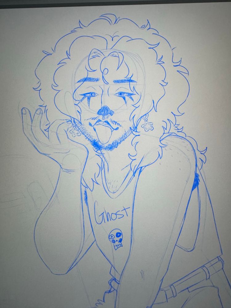 Sketch of Enoch, a mexican trans man with long curly hair and growing in facial hair, stares at the viewer with seductive eyes and sticks out his tongue. He’s holding his right hand up to his face (will later be holding a toy phone receiver) and has a clown nose and exaggerated bottom eyelashes. He’s wearing a slightly cropped, cut off sleeve Ghost T-shirt and has star earrings.