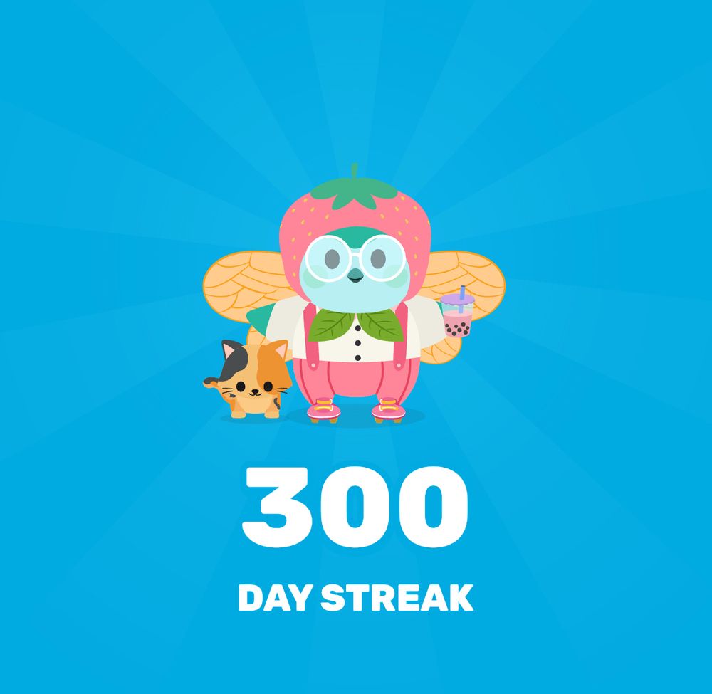 Screenshot of the Finch streak page that shows my Finch, Bloob, dressed up as a pink strawberry with “300 day streak” written below them