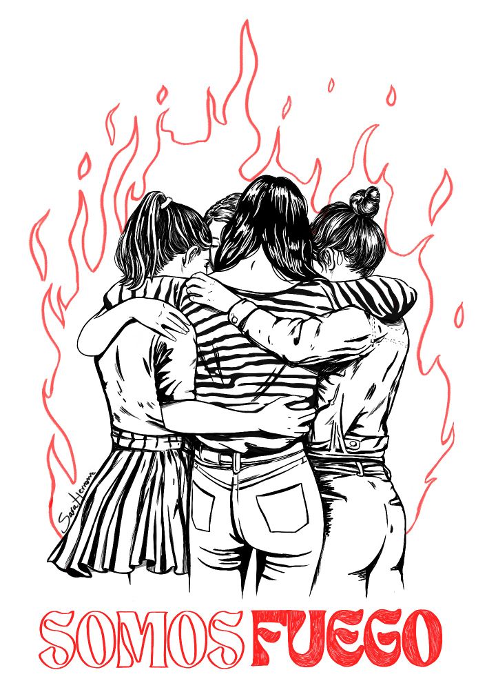 mujeres abrazándose rodeadas de fuego 