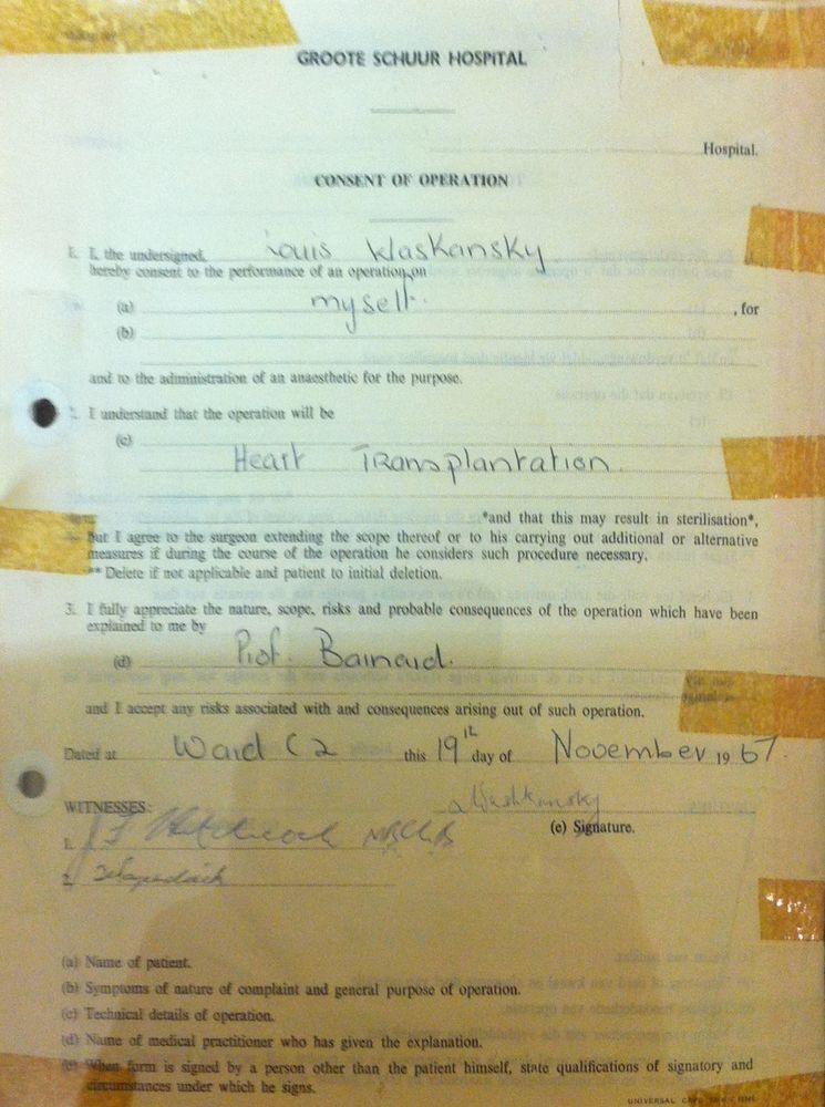 Consent form for Louis Washkansky's heart transplant