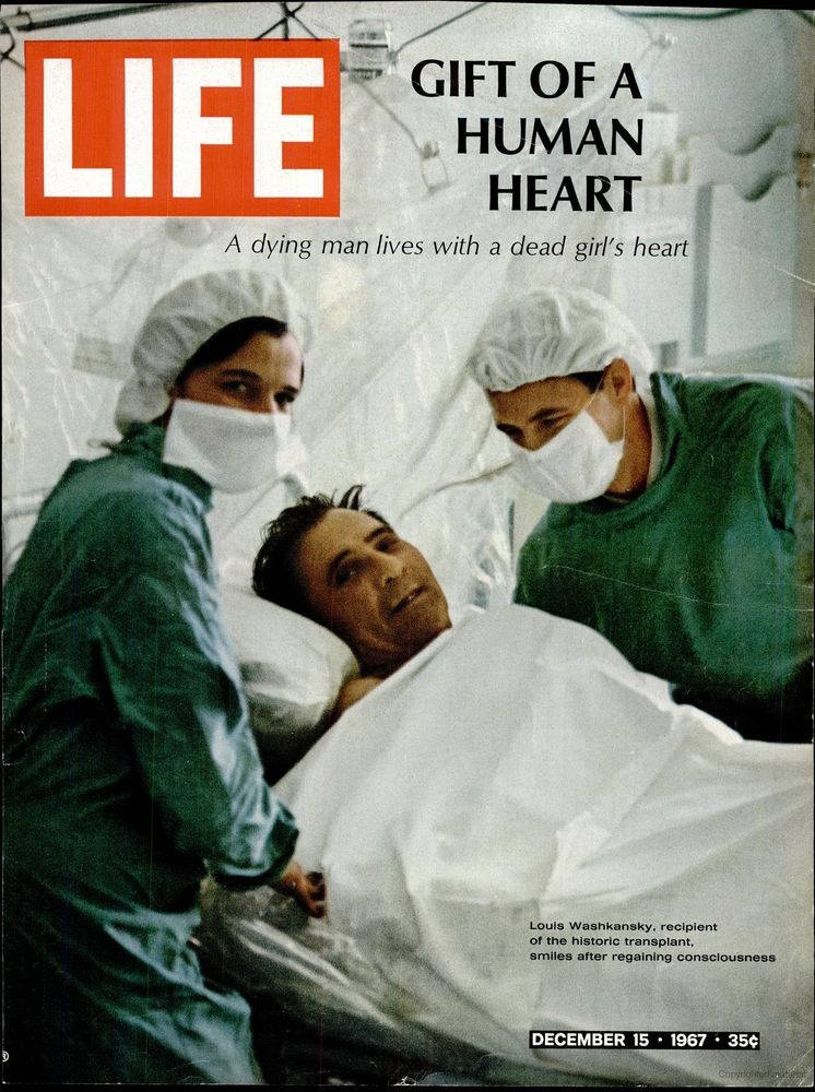 LIFE magazine cover showing a smiling Louis Washkansky with Dr. Christiaan Barnard hovering over him.