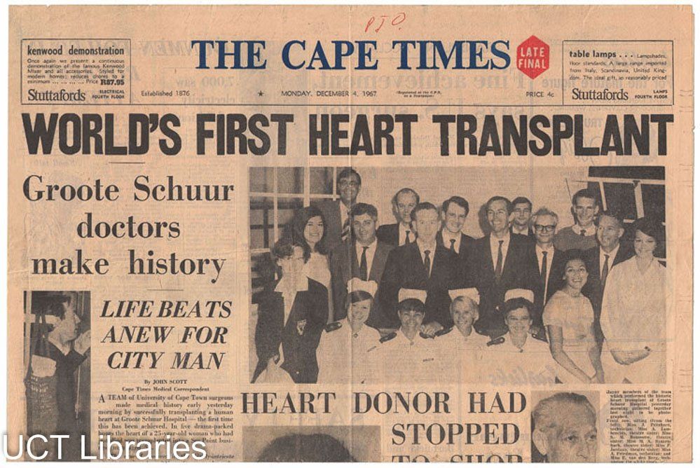 The front page of the South African newspaper, The Cape Times, from December 4, 1967, declaring "World's First Heart Transplant - Groote Schuur doctors make history"