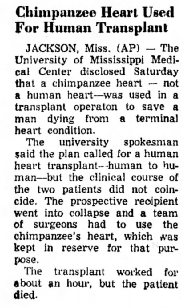 Newspaper article stating "Chimpanzee Heart Used for Human Transplant"