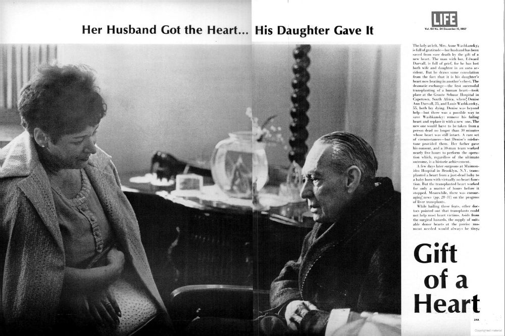LIFE magazine spread with a photograph of Louis Washkansky's wife sitting with Denise Darvall's father.