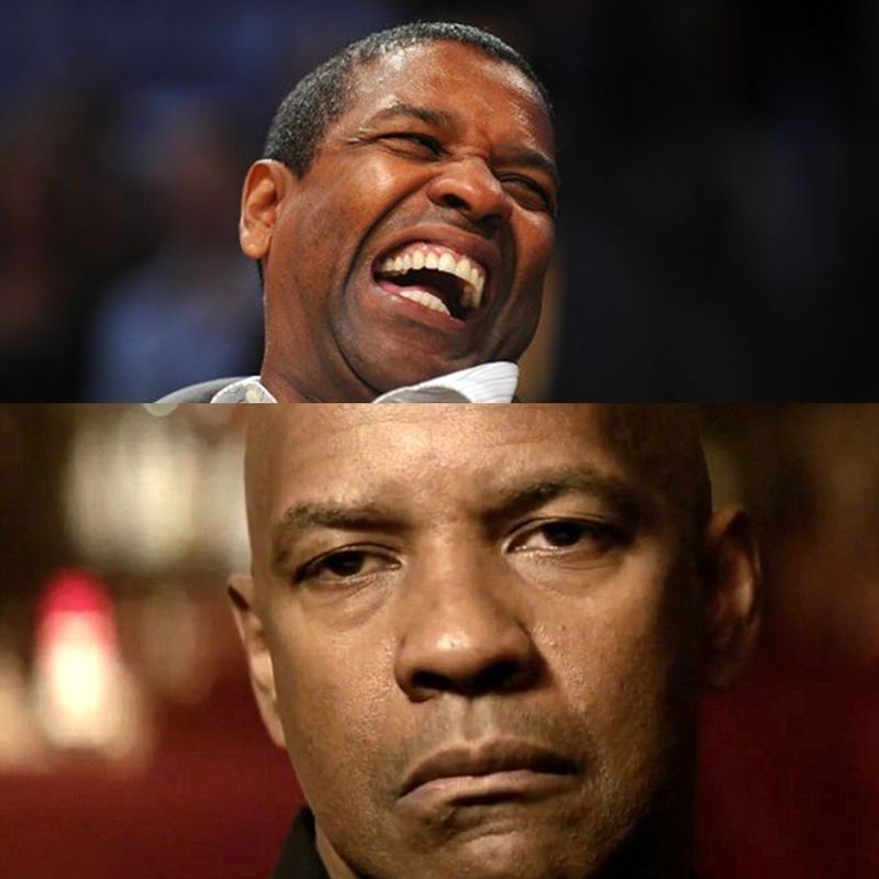 2 pics of Denzel Washington, top one he is laughing, underneath he looks sad