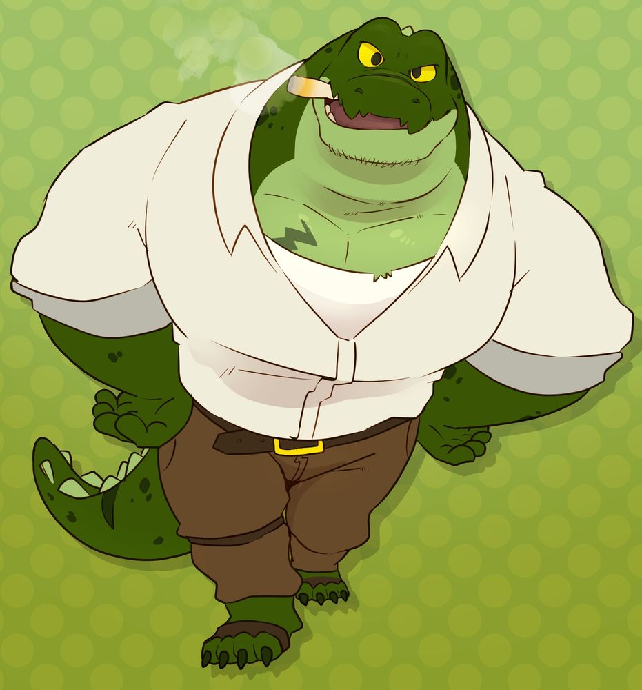 Rocky, a green crocodile man, swaggers menacingly towards the viewer. His hands are at his hips, and he is smoking a cigar. His attire is an off-white long-sleeved shirt, worn-out undershirt, and dark brown slacks. He also has a few scars on his body and mild stubble.